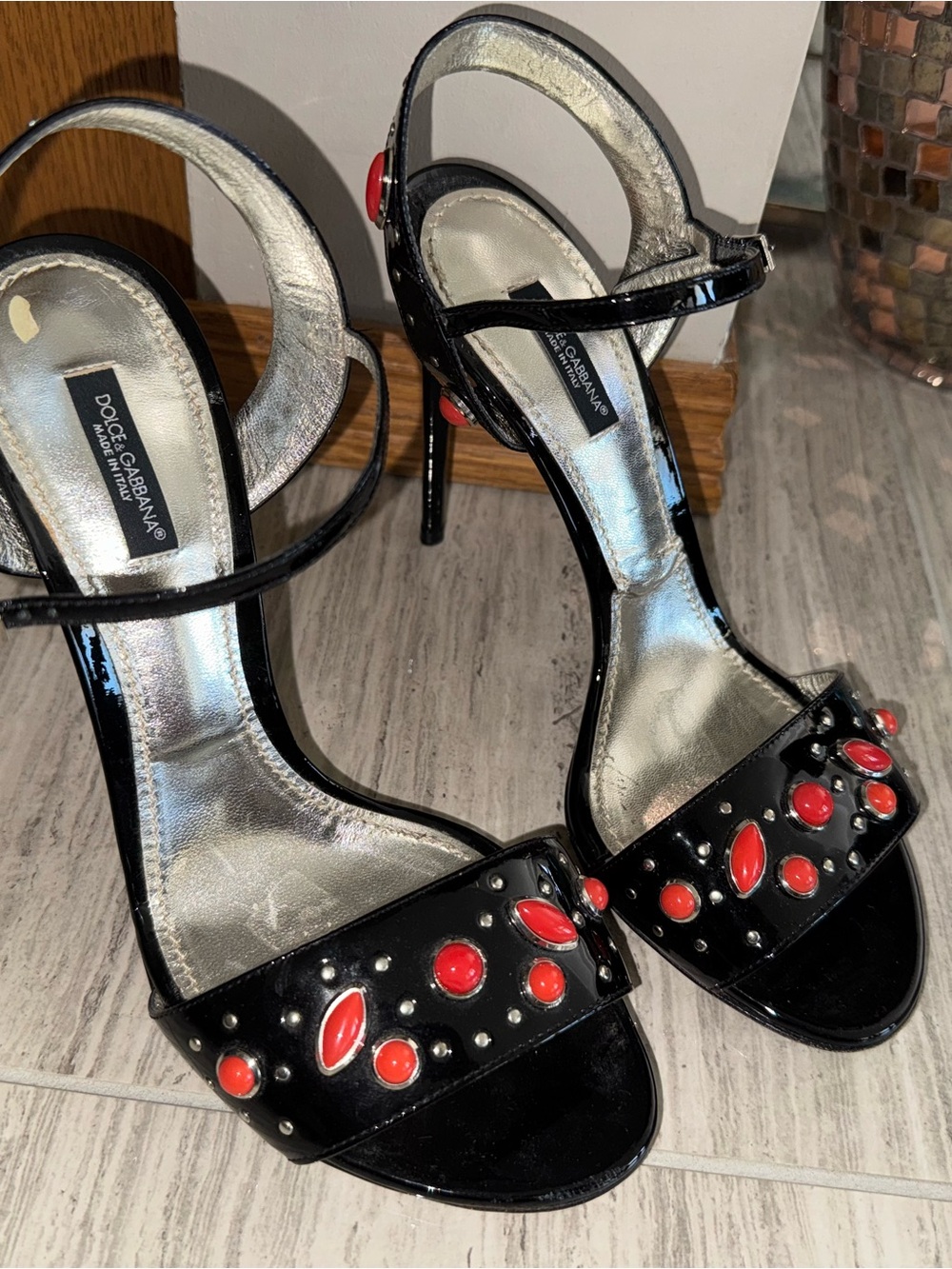 Dolce & Gabbana Black Patent Leather Heeled Sandals with Red Stone Accents
